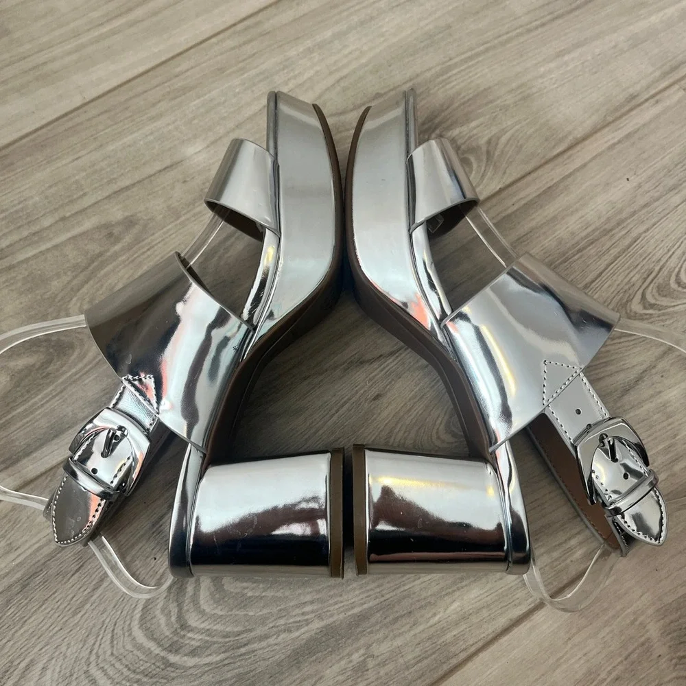 Aerosoles Camilia Platform Sandals Retro Silver 7.5 Metallic Block Heel